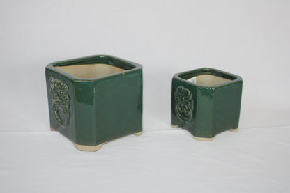 Premium Taiwanese Ceramic Bonsai Pot Set – Glossy Green / rusting Brown Square Planters (Set of 2, Embossed Face Design)