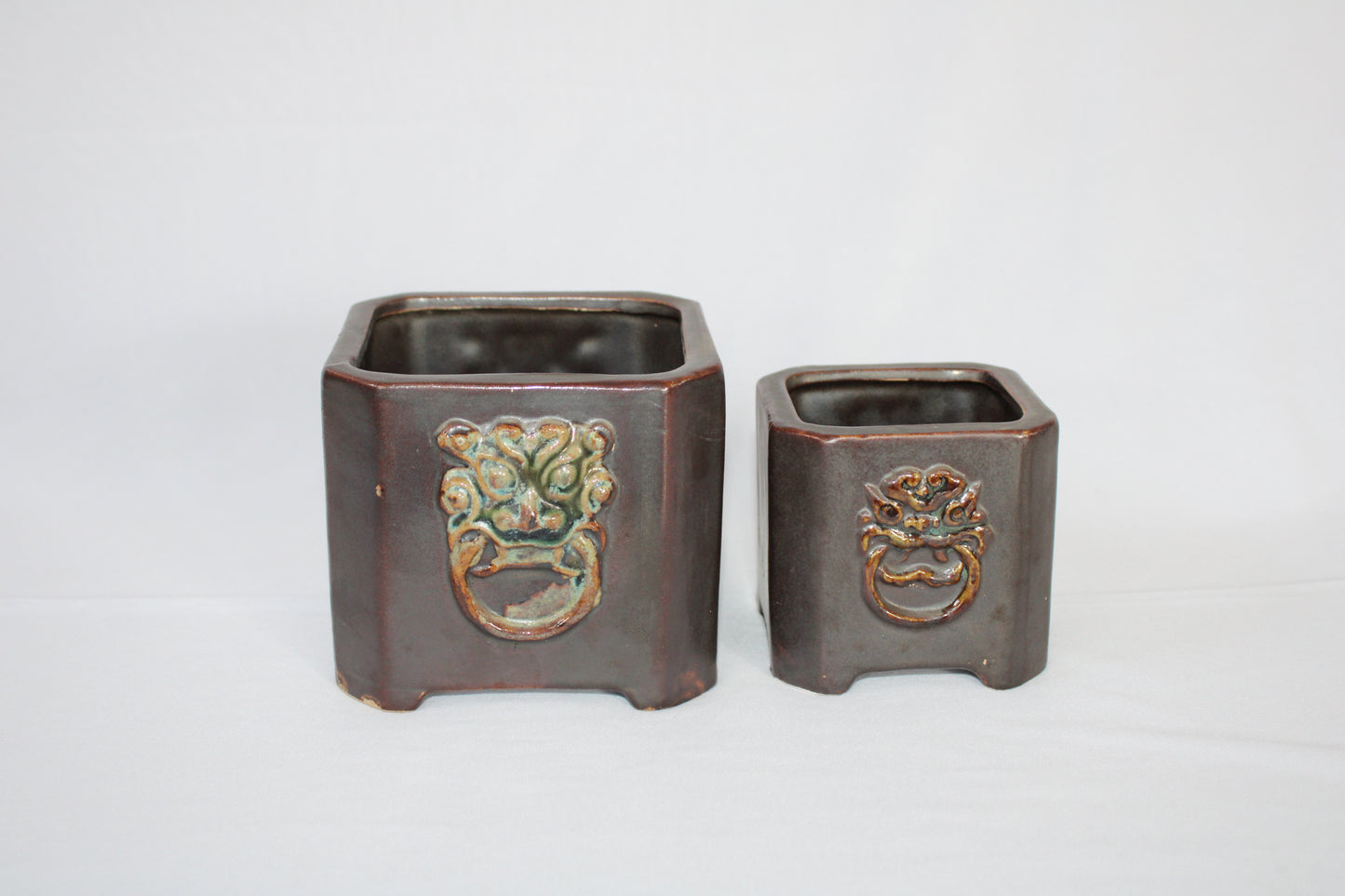 Premium Taiwanese Ceramic Bonsai Pot Set – Glossy Green / rusting Brown Square Planters (Set of 2, Embossed Face Design)