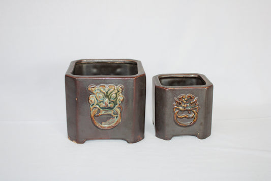 Premium Taiwanese Ceramic Bonsai Pot Set – Glossy Green / rusting Brown Square Planters (Set of 2, Embossed Face Design)