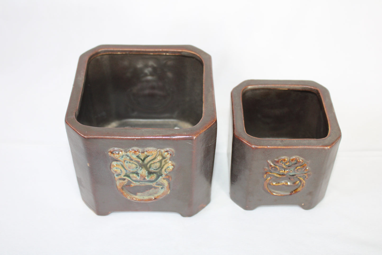 Premium Taiwanese Ceramic Bonsai Pot Set – Glossy Green / rusting Brown Square Planters (Set of 2, Embossed Face Design)