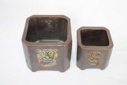 Premium Taiwanese Ceramic Bonsai Pot Set – Glossy Green / rusting Brown Square Planters (Set of 2, Embossed Face Design)