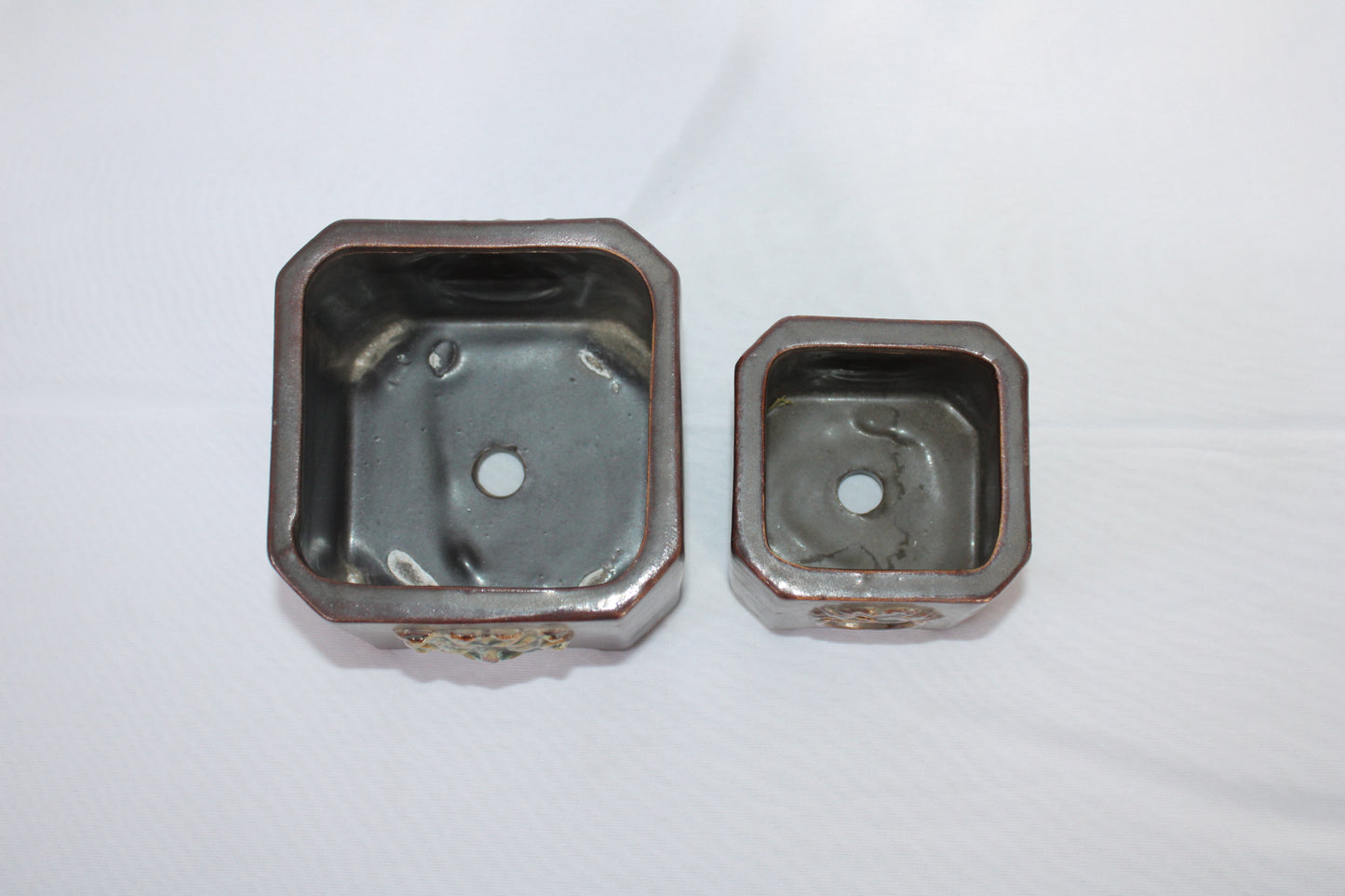 Premium Taiwanese Ceramic Bonsai Pot Set – Glossy Green / rusting Brown Square Planters (Set of 2, Embossed Face Design)