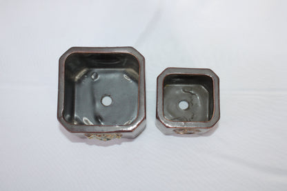 Premium Taiwanese Ceramic Bonsai Pot Set – Glossy Green / rusting Brown Square Planters (Set of 2, Embossed Face Design)