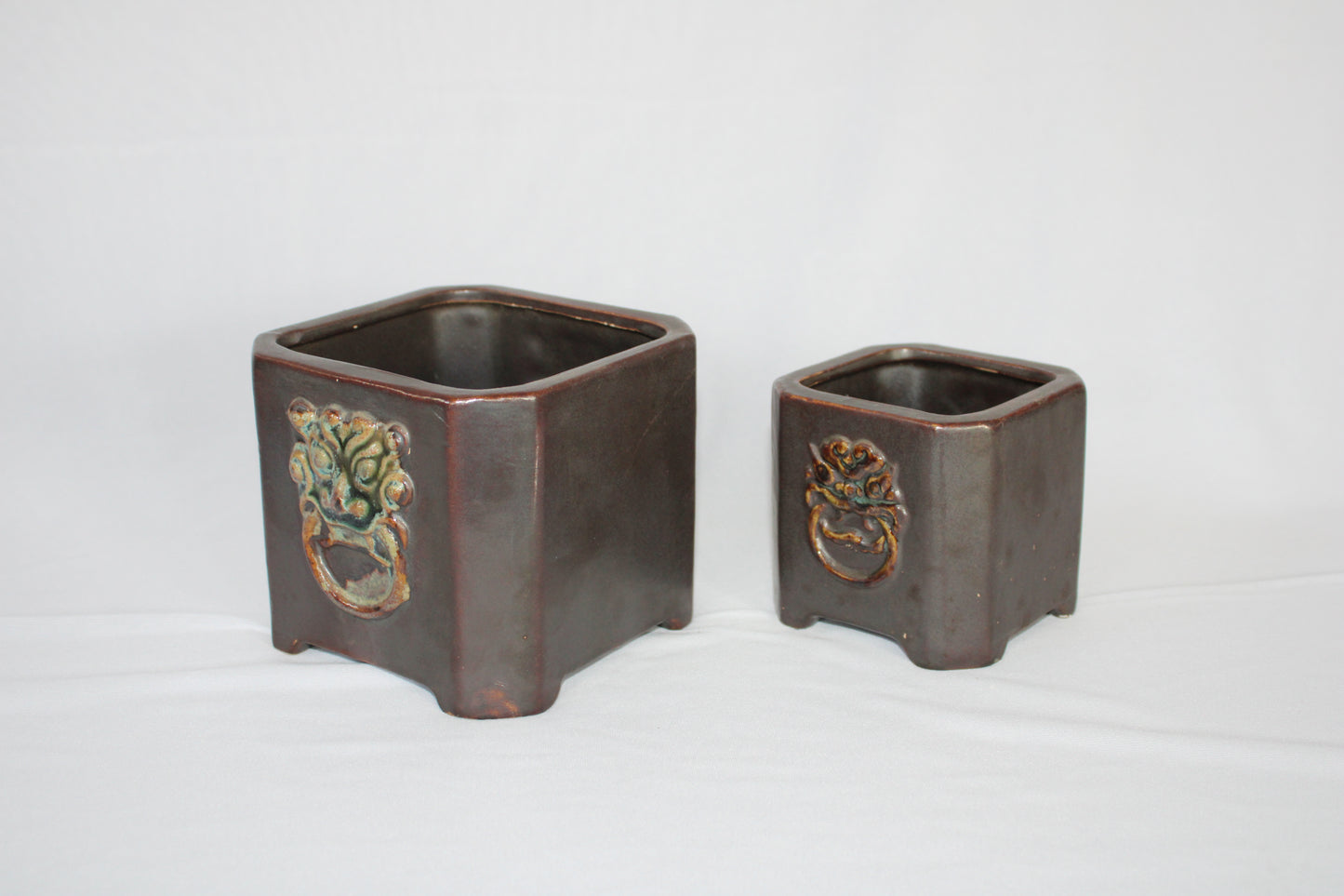 Premium Taiwanese Ceramic Bonsai Pot Set – Glossy Green / rusting Brown Square Planters (Set of 2, Embossed Face Design)