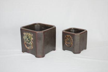 Premium Taiwanese Ceramic Bonsai Pot Set – Glossy Green / rusting Brown Square Planters (Set of 2, Embossed Face Design)