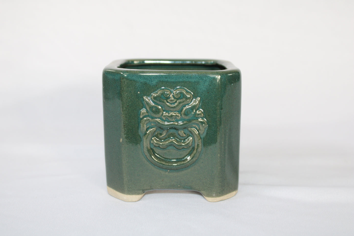 Premium Taiwanese Ceramic Bonsai Pot Set – Glossy Green / rusting Brown Square Planters (Set of 2, Embossed Face Design)