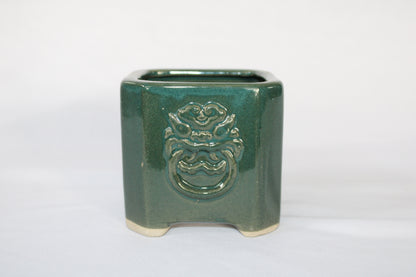 Premium Taiwanese Ceramic Bonsai Pot Set – Glossy Green / rusting Brown Square Planters (Set of 2, Embossed Face Design)