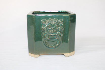 Premium Taiwanese Ceramic Bonsai Pot Set – Glossy Green / rusting Brown Square Planters (Set of 2, Embossed Face Design)