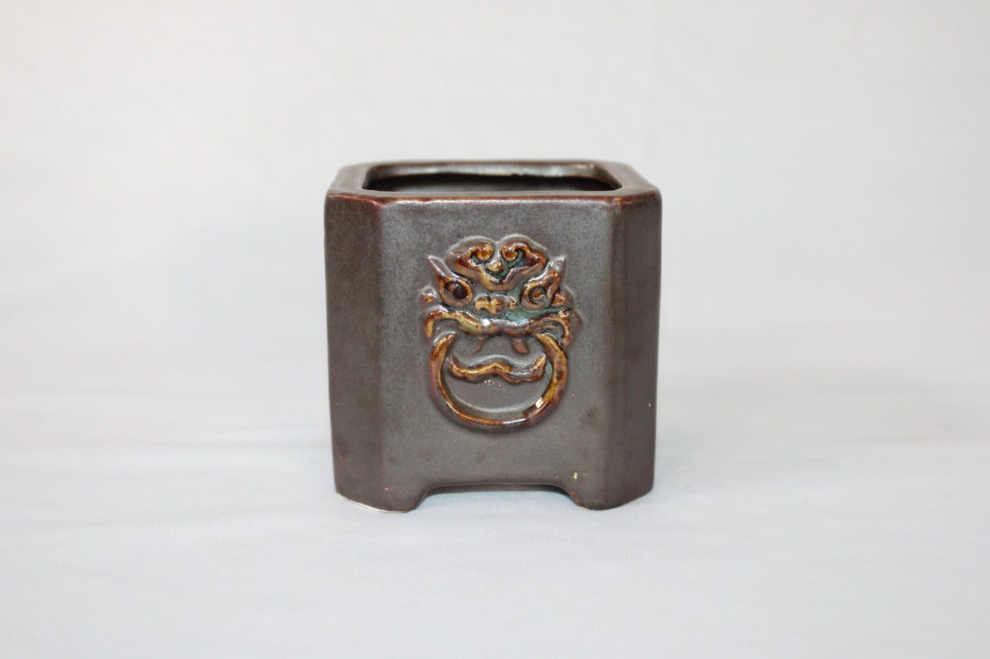 Premium Taiwanese Ceramic Bonsai Pot Set – Glossy Green / rusting Brown Square Planters (Set of 2, Embossed Face Design)