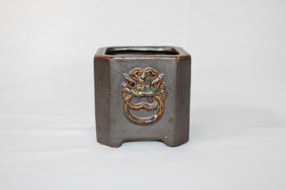 Premium Taiwanese Ceramic Bonsai Pot Set – Glossy Green / rusting Brown Square Planters (Set of 2, Embossed Face Design)