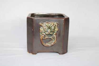 Premium Taiwanese Ceramic Bonsai Pot Set – Glossy Green / rusting Brown Square Planters (Set of 2, Embossed Face Design)