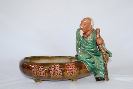 Premium Japanese Style Bonsai Pot with Wise Monk Figurine – Glossy Ceramic Zen Planter (Imported Design)