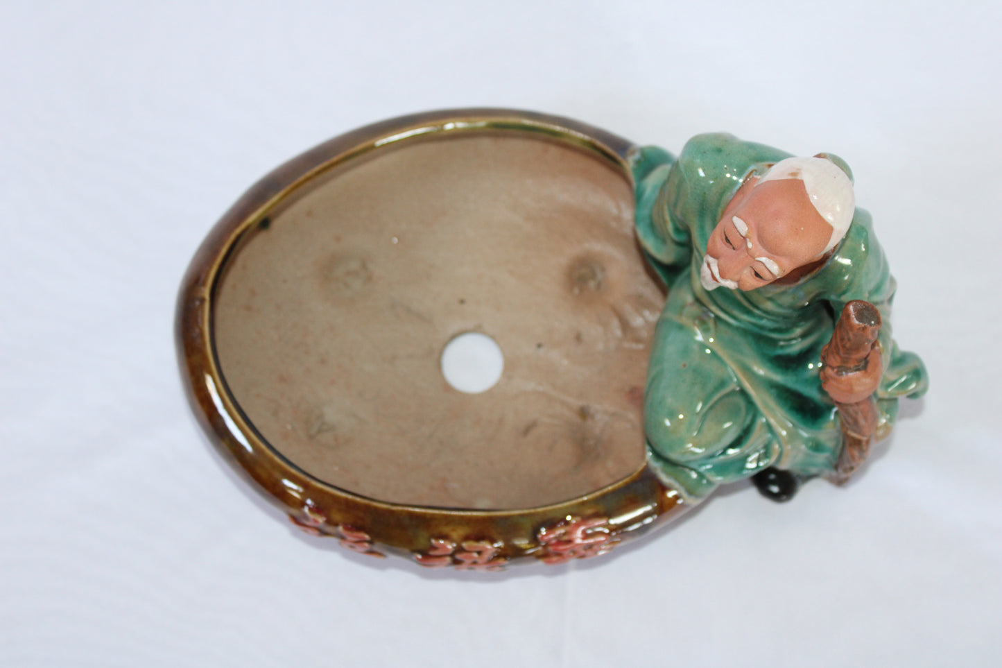 Premium Japanese Style Bonsai Pot with Wise Monk Figurine – Glossy Ceramic Zen Planter (Imported Design)
