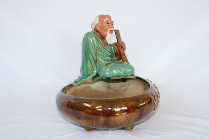 Premium Japanese Style Bonsai Pot with Wise Monk Figurine – Glossy Ceramic Zen Planter (Imported Design)