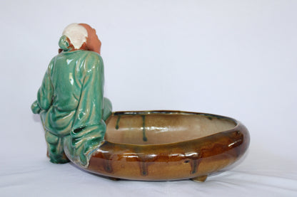 Premium Japanese Style Bonsai Pot with Wise Monk Figurine – Glossy Ceramic Zen Planter (Imported Design)
