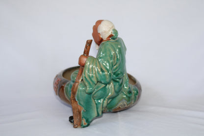 Premium Japanese Style Bonsai Pot with Wise Monk Figurine – Glossy Ceramic Zen Planter (Imported Design)