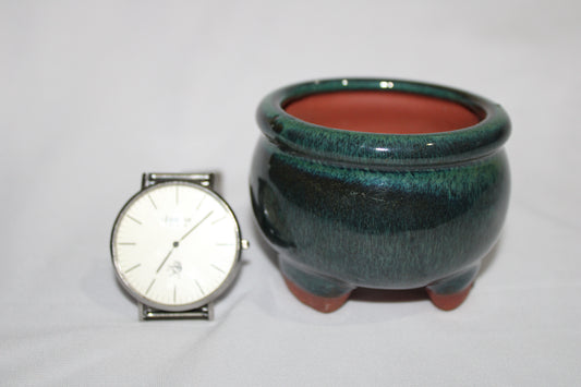 Premium Vietnam Ceramic Bonsai Pot | Round Designer Glazed Planter | Emerald Green Finish with Feet | Mini Bonsai Container