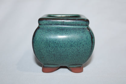 Premium Square Ceramic Bonsai Pot | Imported Glazed Planter | Green Textured Finish | Mini Bonsai Container with Feet
