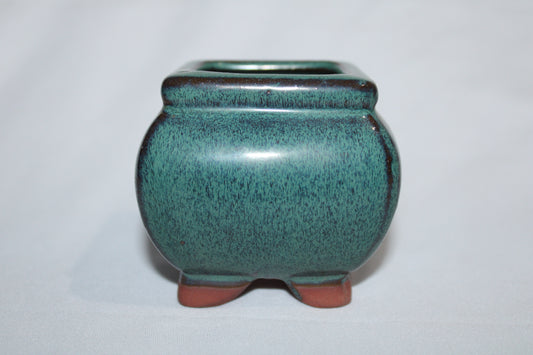 Premium Square Ceramic Bonsai Pot | Imported Glazed Planter | Green Textured Finish | Mini Bonsai Container with Feet