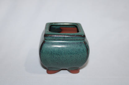 Premium Square Ceramic Bonsai Pot | Imported Glazed Planter | Green Textured Finish | Mini Bonsai Container with Feet