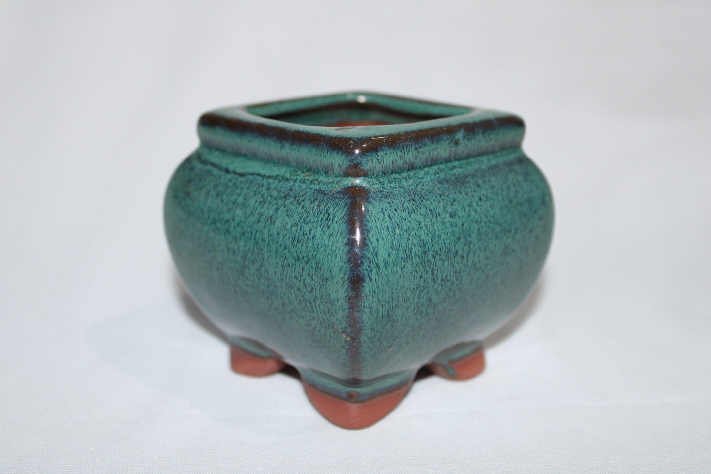 Premium Square Ceramic Bonsai Pot | Imported Glazed Planter | Green Textured Finish | Mini Bonsai Container with Feet
