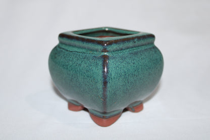 Premium Square Ceramic Bonsai Pot | Imported Glazed Planter | Green Textured Finish | Mini Bonsai Container with Feet