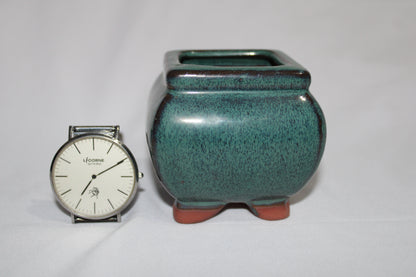 Premium Square Ceramic Bonsai Pot | Imported Glazed Planter | Green Textured Finish | Mini Bonsai Container with Feet