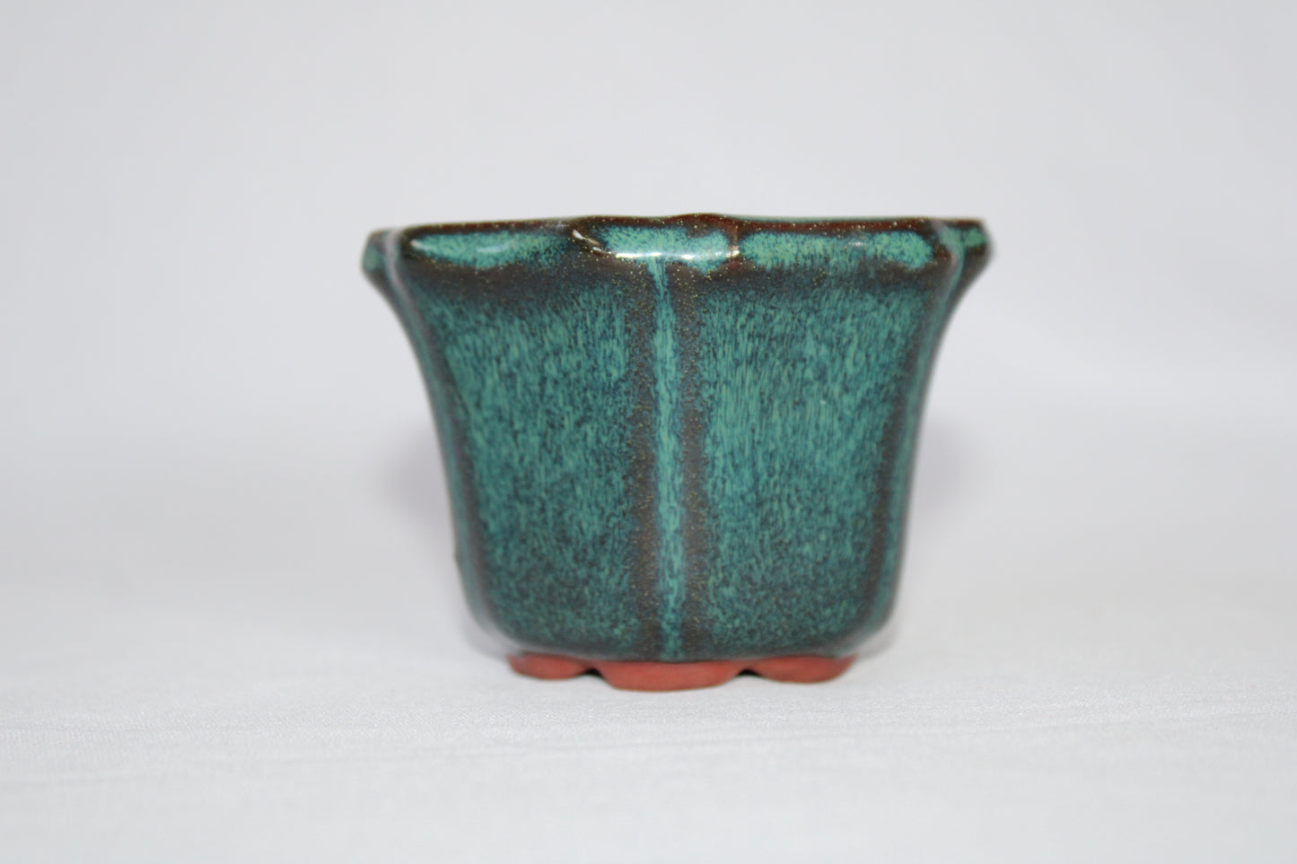 Premium Artistic Ceramic Bonsai Pot | Flared Floral Design | Imported Glazed Planter | Green Textured Finish with Drainage Hole