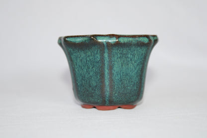 Premium Artistic Ceramic Bonsai Pot | Flared Floral Design | Imported Glazed Planter | Green Textured Finish with Drainage Hole