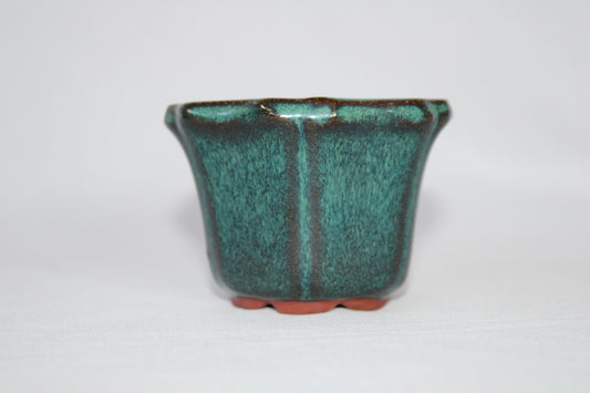 Premium Artistic Ceramic Bonsai Pot | Flared Floral Design | Imported Glazed Planter | Green Textured Finish with Drainage Hole