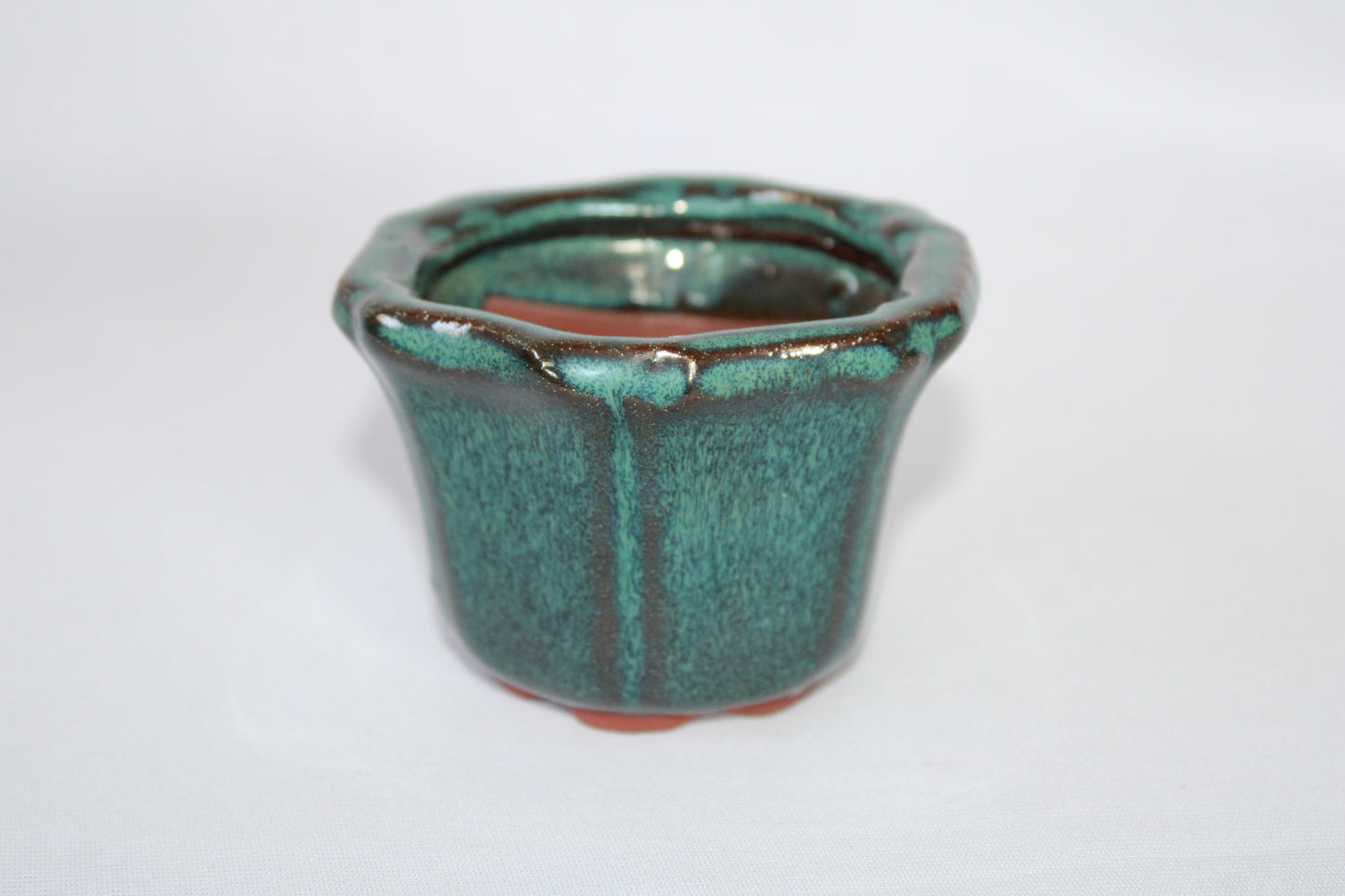 Premium Artistic Ceramic Bonsai Pot | Flared Floral Design | Imported Glazed Planter | Green Textured Finish with Drainage Hole