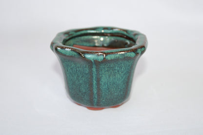 Premium Artistic Ceramic Bonsai Pot | Flared Floral Design | Imported Glazed Planter | Green Textured Finish with Drainage Hole
