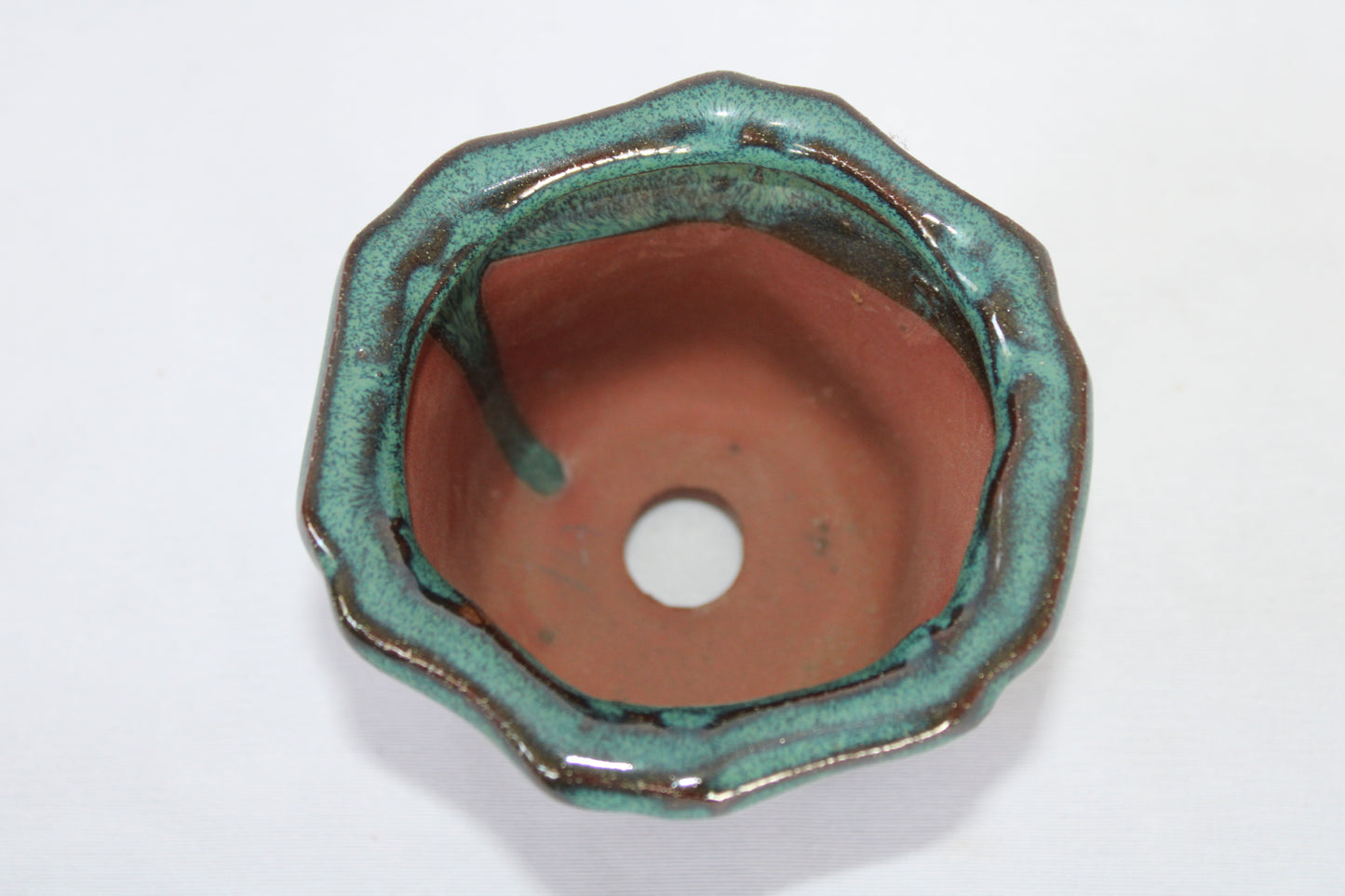 Premium Artistic Ceramic Bonsai Pot | Flared Floral Design | Imported Glazed Planter | Green Textured Finish with Drainage Hole