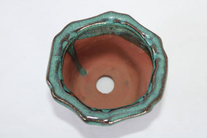 Premium Artistic Ceramic Bonsai Pot | Flared Floral Design | Imported Glazed Planter | Green Textured Finish with Drainage Hole