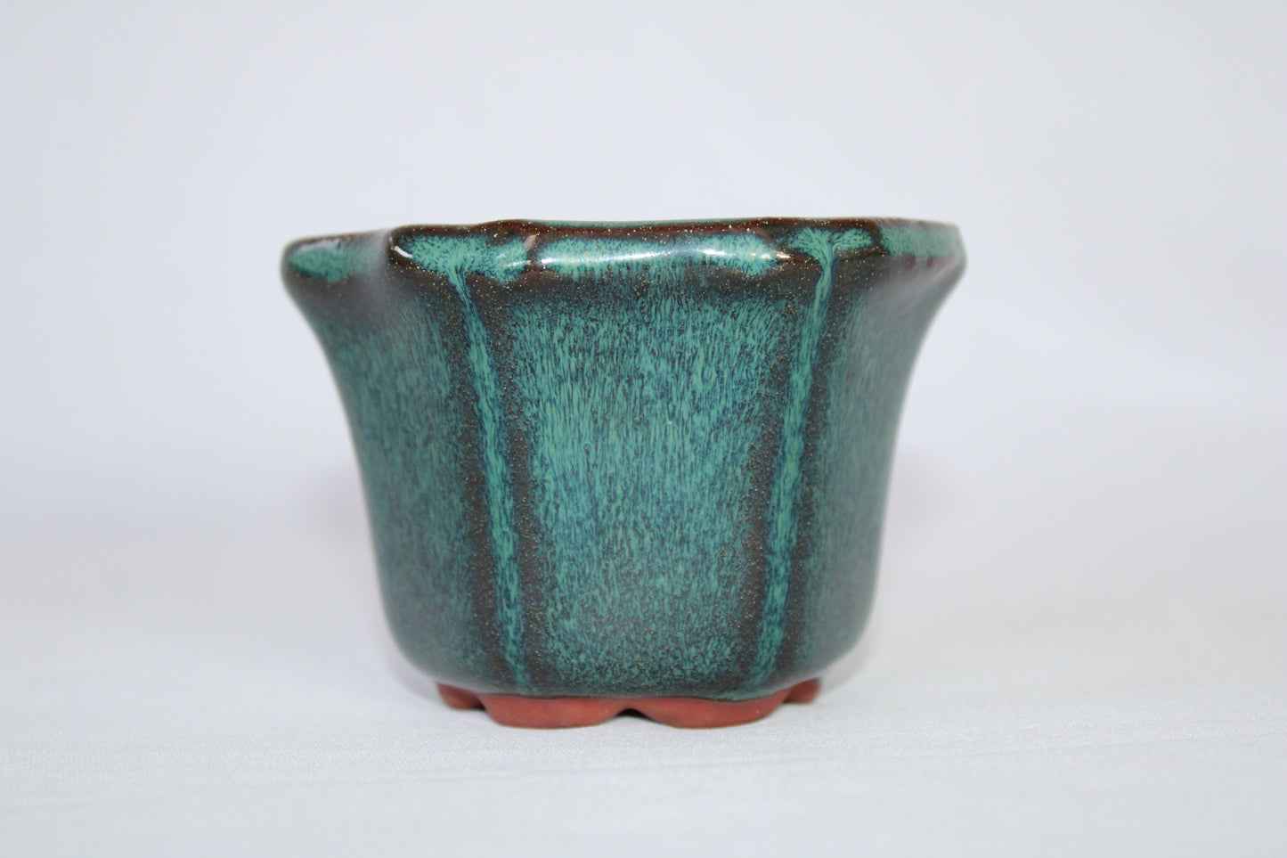 Premium Artistic Ceramic Bonsai Pot | Flared Floral Design | Imported Glazed Planter | Green Textured Finish with Drainage Hole