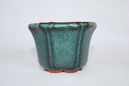 Premium Artistic Ceramic Bonsai Pot | Flared Floral Design | Imported Glazed Planter | Green Textured Finish with Drainage Hole