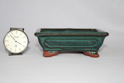 Premium Rectangular Ceramic Bonsai Pot | Decorative Footed Planter | Imported Green Glazed Bonsai Container with Drainage