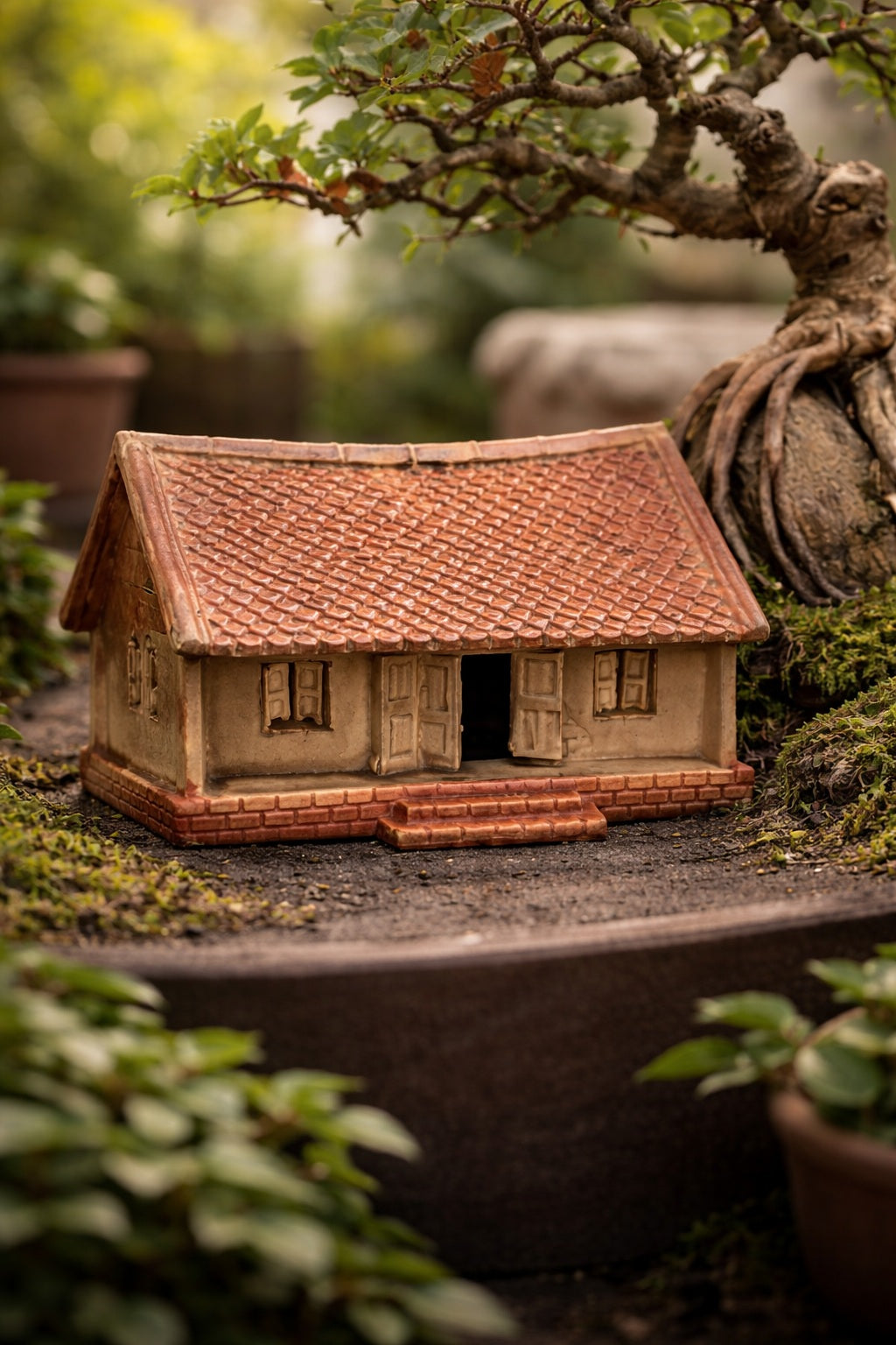 Japanese Handmade Ceramic Bonsai House – Premium Miniature Zen Garden Decor | Authentic Bonsai Landscape Accent