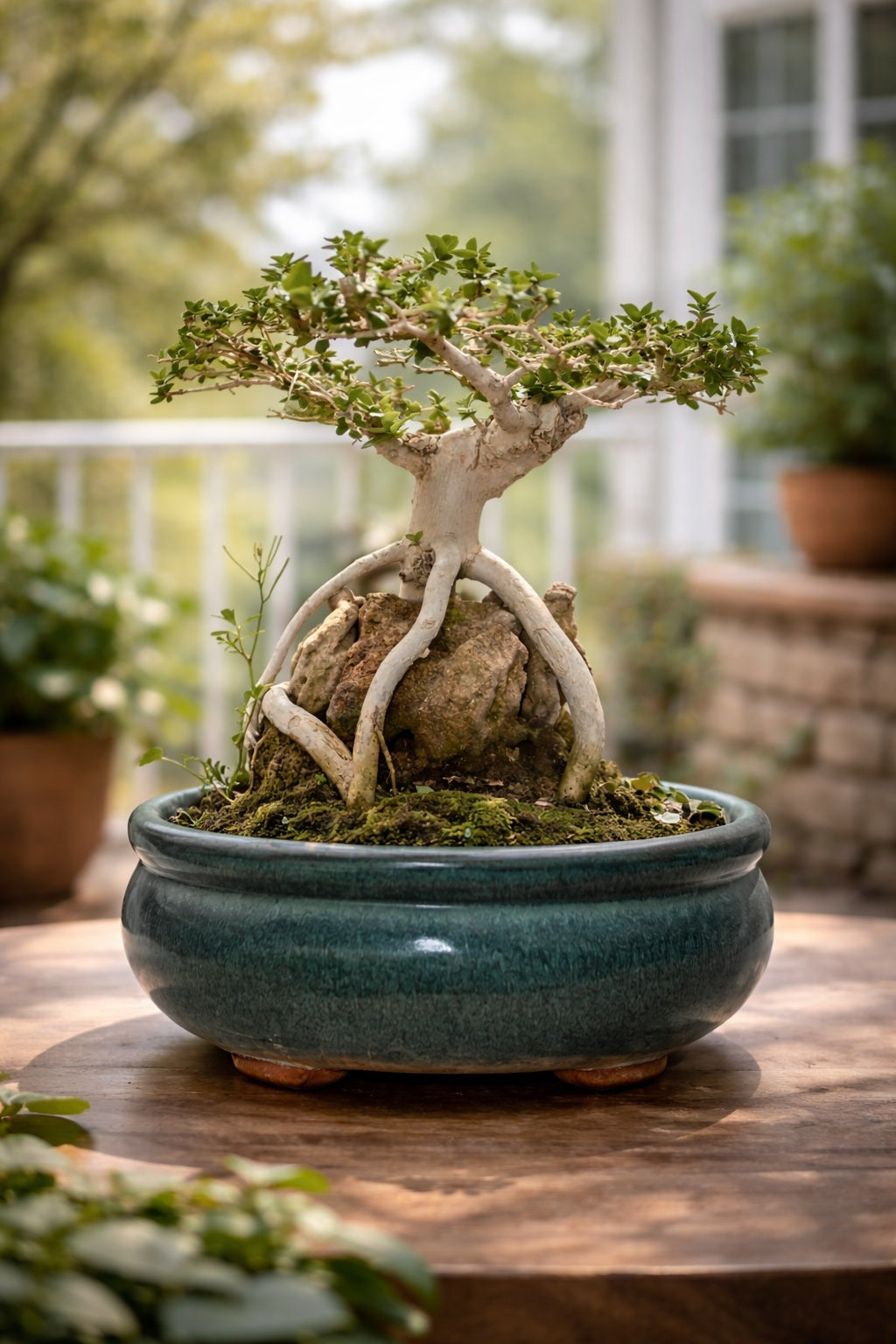 Premium Premna Bonsai Tree – Root Over Rock Style | Live Mini Bonsai Plant in Ceramic Pot | Indoor Outdoor Decorative Plant