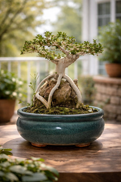 Premium Premna Bonsai Tree – Root Over Rock Style | Live Mini Bonsai Plant in Ceramic Pot | Indoor Outdoor Decorative Plant